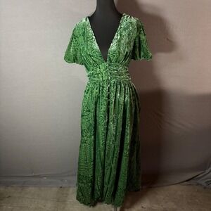 Anthropologie Green Velvet Burnout Plunging Puff Sleeve V Neck Maxi Dress Size 2